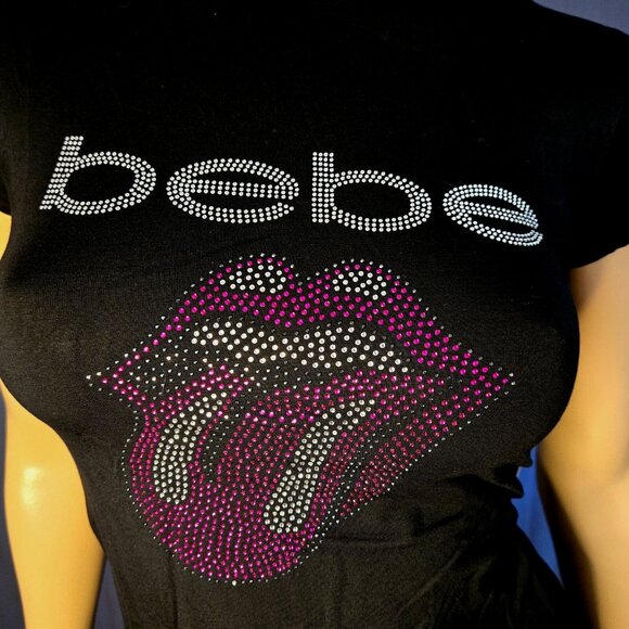 Bebe Top Black Rhinestone T shirt Lips Mouth Size M Short Sleeve Y2K Mcbling - Picture 2 of 7